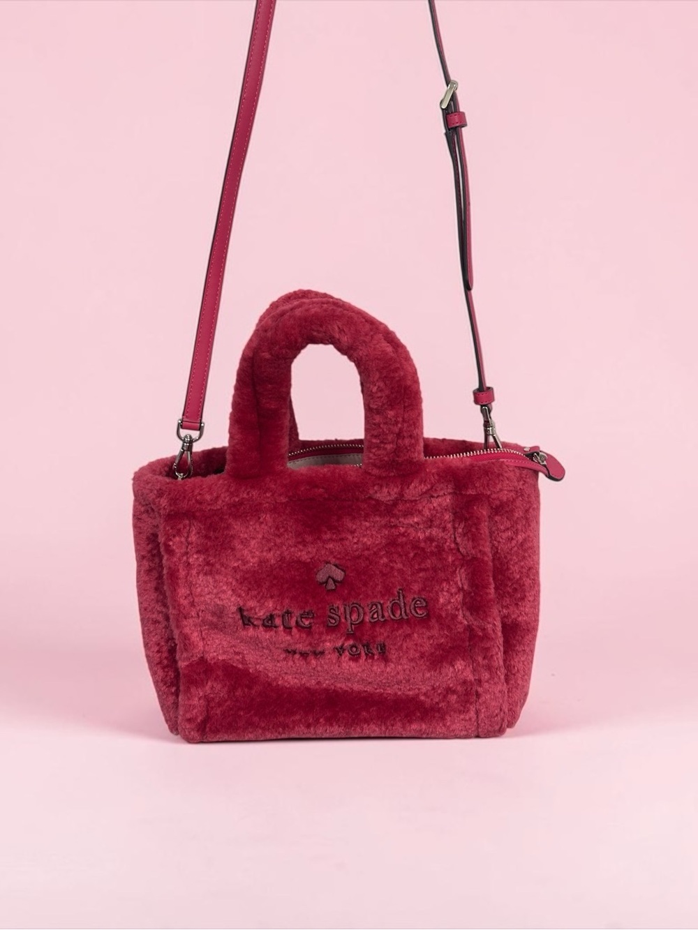kate spade Faux-Shearling Mini Tote in Berry Pink